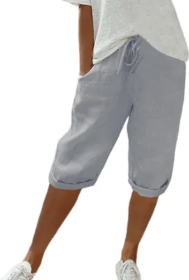 Produktbild von Damen Leinen-Shorts Sommer Knielang mit Kordelzug, Luftig und Bequem, Hohe Taille, Casual Strandhose
