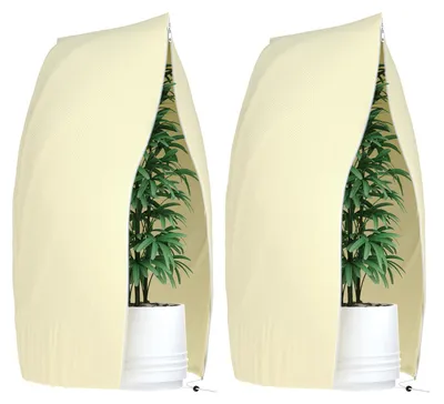 Image de Protection hivernale pour plantes, 2 pièces, protection hivernale pour plantes en pot avec fermeture éclair et cordon de serrage, housses de protection contre le gel pour arbres, palmiers et plantes de balcon, beige, 120 x 180 cm
