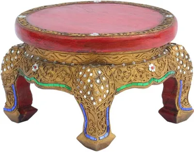 Produktbild von Opiumtisch Rund Spiegelsteine Beistelltisch Rot Antik Nachttisch Couchtisch Holztisch Thailand 30cm Ø