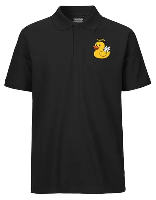 Produktbild von Huuraa Herren Polo Shirt Quietscheente Engel Gummiente Angel M Black Bio Baumwolle Fairtrade Poloshirt Geschenkidee