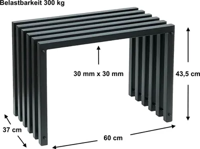 A black metal bench with dimensions indicated by text and arrows.