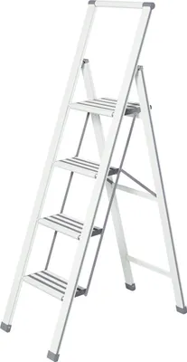 A white step stool with four steps is shown against a white background.