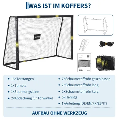 Obrázok produktu pre Futbalová bránka, výška 180 cm – Prenosná tréningová bránka – Oceľový rám – Odolná sieť – Vhodná do záhrady a na vonkajšie použitie – Súčasťou balenia sú kotvy do zeme