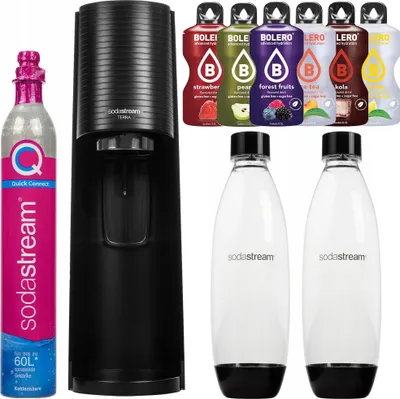 A SodaStream Terra sparkling water maker set with a CO2 cylinder, two reusable bottles, and several flavor syrups.