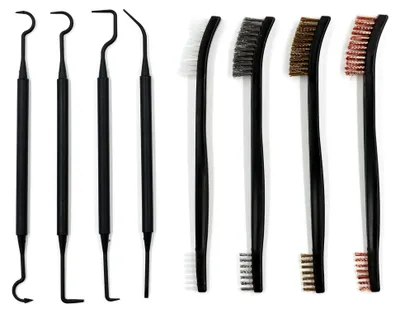 Produktbild von 8 Stück Drahtbürsten Set – Stahlbürste, Messingbürste, Metallbürste, Nylonpinsel mit 4 Zweikopfhaken zur Reinigung von Schweißschlacken, Schmutz und Rost