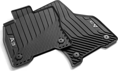 Two black rubber floor mats for a car, with ribbed texture and a raised 'A3' logo on each.