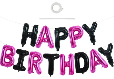 Immagine prodotto di Palloncini a forma di lettera "Buon Compleanno", 40,6 cm, in Mylar, neri e rosa shocking, confezione da 15 pezzi