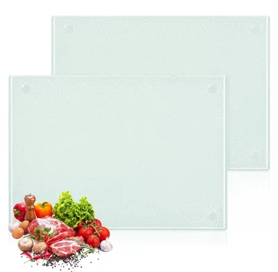 Image de Lot de 2 planches à découper en verre, 20 x 28 cm, planche résistante aux rayures avec pieds antidérapants en silicone, plateau en verre résistant à la chaleur, idéale pour le plan de travail ou comme planche à découper sur la table.