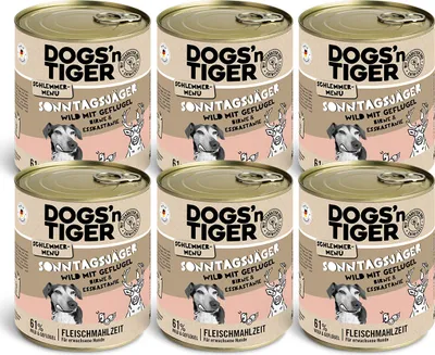Produktbild von Dogs’n Tiger Adult Hundefutter, Sonntagsjäger, Hunde Nassfutter, Wild, Geflügel, Birne, Hirse & Karotte, 6x800g