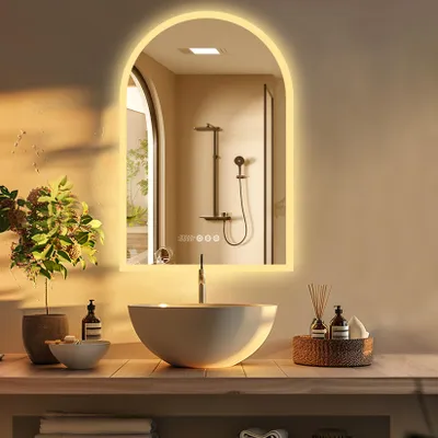 Immagine prodotto di Specchio da bagno LED Vrygle a forma di arco 90×60 cm — Specchio da parete intelligente con illuminazione, 3 pulsanti touch, orologio, informazioni meteo, funzione antiappannamento, intensità regolabile