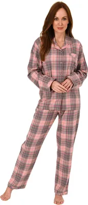 Produktbild von Damen Flanell Pyjama Schlafanzug kariert mit Knopfleiste und Hemdkragen - 202 201 15 600 ; Karo grau , 40