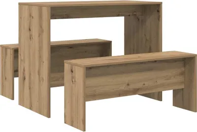 A dining table and bench set made of wood-look material, shown against a white background.