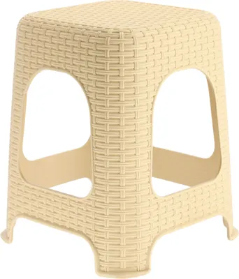 A beige plastic stool with a woven texture.