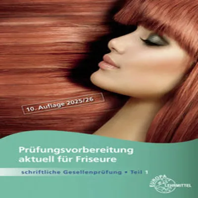 A close-up of a woman's face with red hair, overlaid with text about exam preparation for hairdressers.