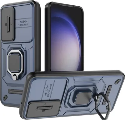 Produktbild von Hülle für Samsung Galaxy S23 Dual Layer Handyhülle Schiebe Kamera Schutz und Ringhalter Ständer Blau