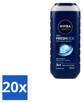 Obrázok produktu pre 20 kusov gélu na umývanie tela Nivea Men Fresh Kick 3 v 1 – 250 ml – výhodný balík – 20 kusov