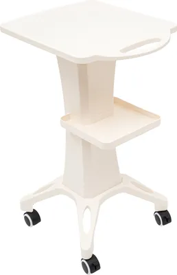 A beige rolling cart with two shelves and wheels, isolated on a white background.