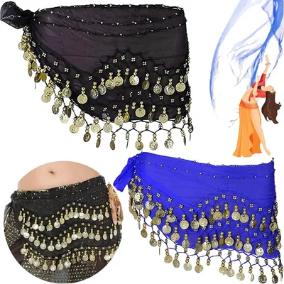 Produktbild von 2 Stück Chiffon Hüfttuch Bauchtanz Gürtel Bauchtanz, Kostüm Hüfttuch mit Münzen Gürtel Röcke, Gürtel Orientalischer Tanz Damen, Belly Dance Seide Schal Pailletten, Gesamtlänge ca.150 cm(Schwarz,Blau)
