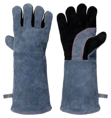 Produktbild von Grillhandschuhe 40 cm, Hitzebeständige Lederhandschuhe mit Wärmeisolierung und rutschfesten sowie schneidfeste Protektoren für Kochen, Backen und Grillen