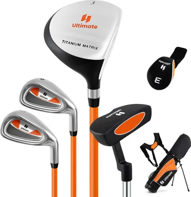 Produktbild von GOPLUS Kinder Golfschläger Set,Rechtshand Golfschlägersätze mit 3 Fairway, 7/9 Eisen, Putter, Schlägerhaub,Standtasche, leicht und sicher,Orange