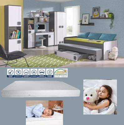 Produktbild von Jugendzimmer Gumi 10 teilig Komplett in Anthrazit und Weiß INKLUSIVE zwei Matratzen