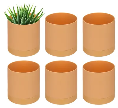 Immagine prodotto di Set di 6 vasi in plastica arancioni, diametro 10 cm, con fori di drenaggio e sottovasi