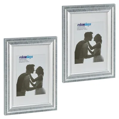 Productafbeelding van Relaxdays set van 2 fotolijsten, 20x30 cm, geschikt voor zowel portret- als landschapsformaten, fotolijsten om op te hangen of neer te zetten, met passe-partout, zilverkleurig