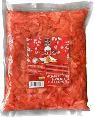 A large plastic bag filled with pink pickled ginger slices, with a red label in the center.