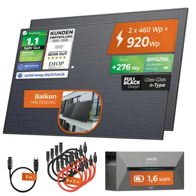Produktbild von Solarway®️ 920Wp / 800W Balkonkraftwerk mit 1,6 kWh Speicher komplett Steckdose - 1,6 kWh Anker SOLIX 2 PRO Speicher