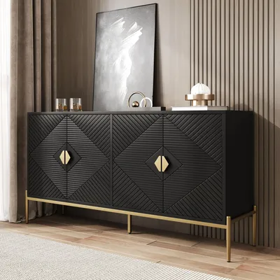 A black sideboard with gold accents and legs, displayed in a room setting with curtains and artwork.