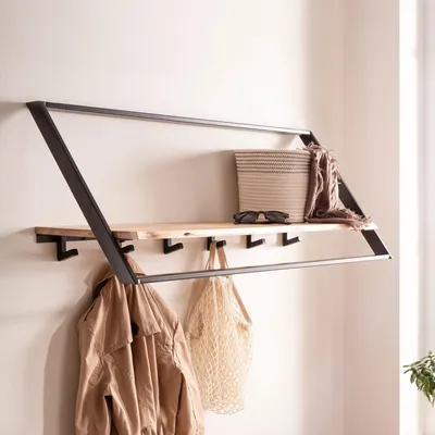 Produktbild von FineBuy Wandgarderobe Akazie Massivholz 100cm Ablage Industrial Garderobenpaneel Garderobenleiste Hakenleiste - 6 Metall Kleiderhaken & Kleiderstange