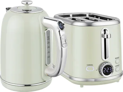 Produktbild von Wasserkocher- und Toaster-Set, LED-Anzeige, 1,7 Liter, 2200W, Retro-Design, Memory-Funktion, Grau