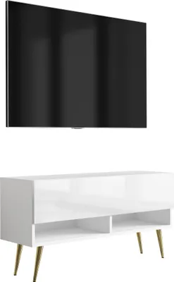 Produktbild von TV-Lowboard 100 cm Mattweiß / Hochglanzweiß, goldene schräge Beine, 100 × 32 × 52 cm