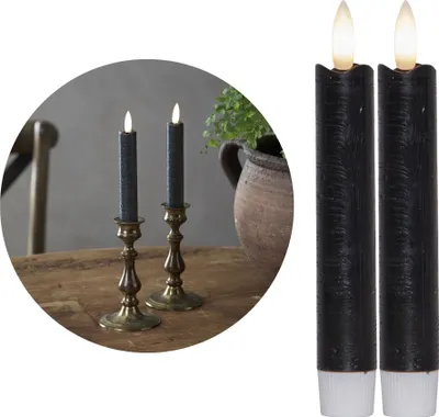 Produktbild von Stabkerzen LED mit Timer SCHWARZ 2er indoor mit Timer Funktion 6 Stunden ECHTWACHS 15cm Höhe für Kerzen 2,2cm Durchmesser 2 AAA Batterien notwendig LED Stabkerzen flackernde Flamme bewegliche Flamme