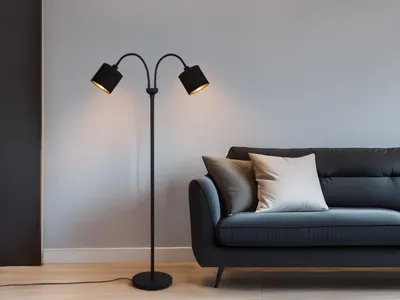 Produktbild von Stehleuchte TOMMMY 2 flammig Metall, Stoffschirm Schwarz Gold, Höhe 130cm