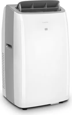 A white and gray portable air conditioner is shown against a white background.