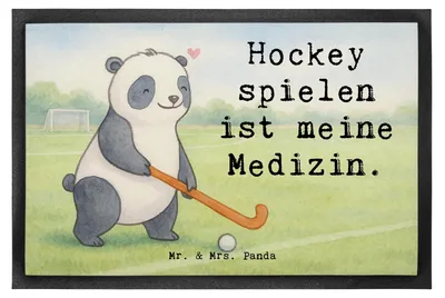 Produktbild von Mr. & Mrs. Panda fußmatte Panda Hockey spielen Design 50 x 75 cm - Weiß - Geschenk, Bodenvorleger, Schmutzfangmatte, Fußabtreter, Gummimatte, Verein, Hockeyschläger