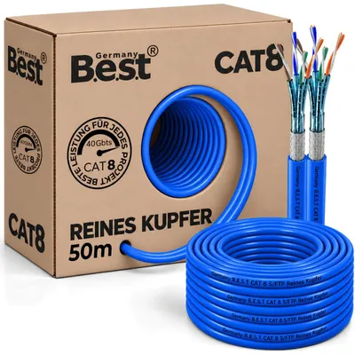 Produktbild von B.E.S.T. 50 m CAT 8.1 Duplex Netzwerkkabel S/FTP 40 Gbit/s 2000 MHz AWG 23/1 Kupfer LSZH Blau