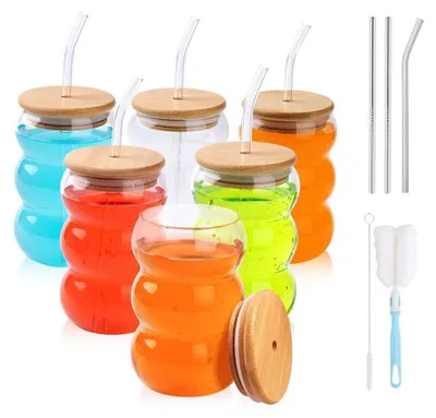 Produktbild von Shendong Set von 6 Gläser mit Deckel und Strohhalmen, Küstengläser mit Bambusdeckel, stilvoll und praktisch.