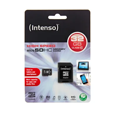 Produktbild von Intenso 32GB MicroSDHC, 32 GB, MicroSDHC, Klasse 10, 25 MB/s, Schockresistent, Temperaturbeständig, Wasserfest, Röntgensicher, Schwarz