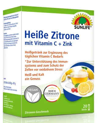 Produktbild von SUNLIFE Heiße Zitrone mit Vitamin C & Zink - 1x20 Pulver Sticks - Nahrungsergänzung zur Unterstützung des Immunsystems - pro Tagesdosis 160 mg Vitamin