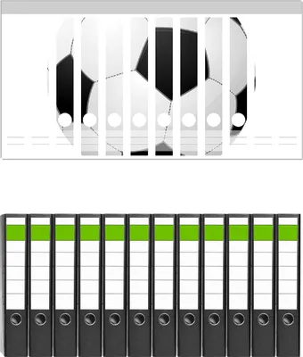 Produktbild von Wallario 12 Stück schmale Ordner inkl. Klebeetiketten mit Motive Fußball klassisch vor weißem Hintergrund -  Set mit Rückenschildern / Ordnerrücken Stickern