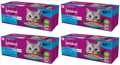 Zdjęcie produktu dla Mokra karma dla dorosłych kotów z łososiem, dorszem, tuńczykiem i białą rybą w galaretce Whiskas Rybne Smaki 4x(40x85g)