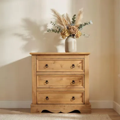 Produktbild von Kommode TEQUILA, schönes Sideboard im Mexiko Stil, praktische Anrichte aus Kiefer gebeizt/gewachst, elegante Konsole mit 3 großen Schubladen