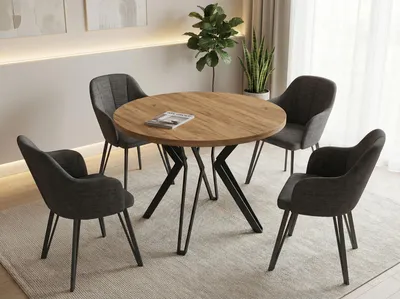 Obrázok produktu pre Okrúhly jedálenský stôl - priemer 100 alebo 120 cm - rozťahovací stôl s kovovými nohami s práškovou povrchovou úpravou v čiernej farbe - industriálny štýl - 100 cm - dub Craft