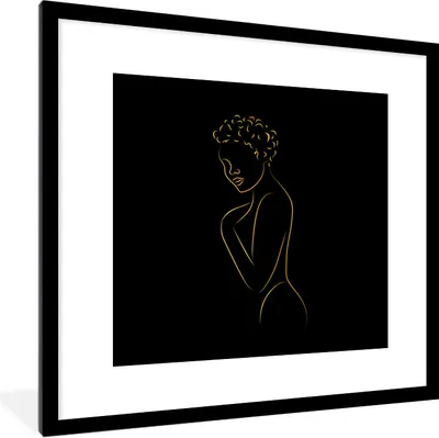 Produktbild von MuchoWow® Gerahmtes Poster Frau - Schwarz - Gold - Strichzeichnung 40x40 cm - Poster mit Schwarzem Bilderrahmen Wandposter Rahmen Foto Bilder - Poster - Plakat im Rahmen