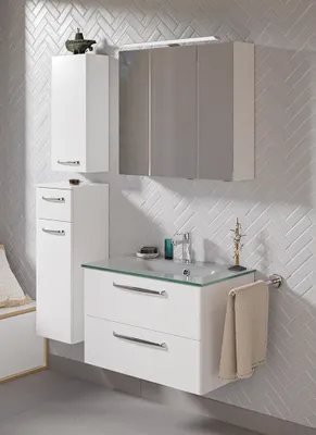 Produktbild von Badmöbelset inkl. Glaswaschbecken und LED Aufbauleuchte TRENTO-66 in weiß Glanz, B/H/T: ca. 122/200/50 cm