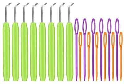 Produktbild von 8-teiliges Set mit Stricknadeln für eine Strickpuppe, Häkelnadeln für einen Strickrahmen mit großen Augen und Stricknadeln.