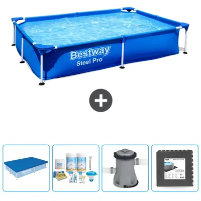 Produktbild von Bestway rechteckiger Steel Pro-Schwimmbecken – 221 x 150 x 43 cm – Blau – im Lieferumfang enthalten Abdeckung - Wartungspaket - Pumpe - Bodenfliesen