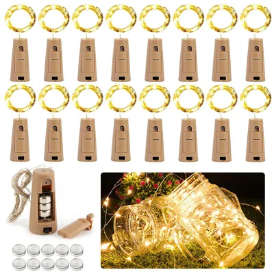 Productafbeelding van Flessenlampen - Set van 16 - Flessenlichtketting kurk - 2 m - 20 leds - Warm wit - Flessenlicht op batterijen